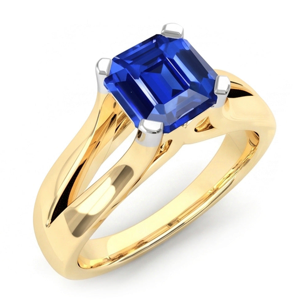 Anello solitario bicolore con zaffiro blu smeraldo 2.50 carati con gambo diviso