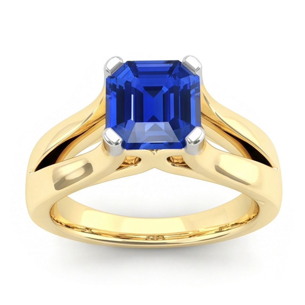 Anello solitario bicolore con zaffiro blu smeraldo 2.50 carati con gambo diviso