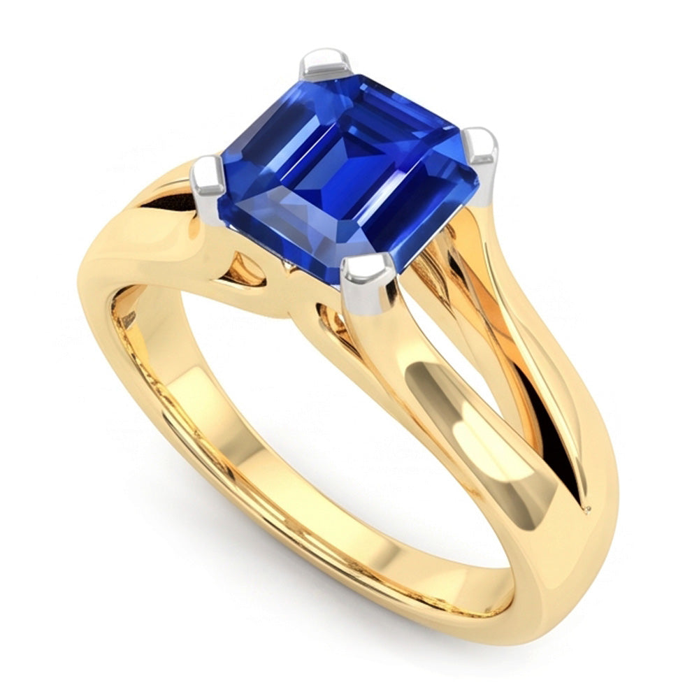 Anello solitario bicolore con zaffiro blu smeraldo 2.50 carati con gambo diviso