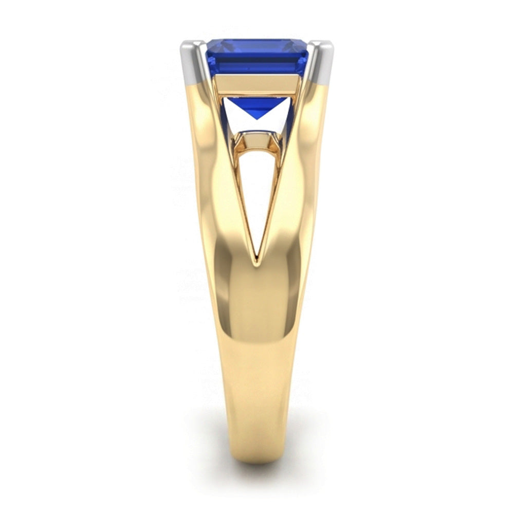 Anello solitario bicolore con zaffiro blu smeraldo 2.50 carati con gambo diviso