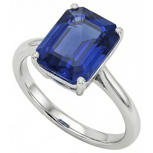Anello solitario con 1,50 carati di zaffiro blu taglio smeraldo in oro bianco 14K