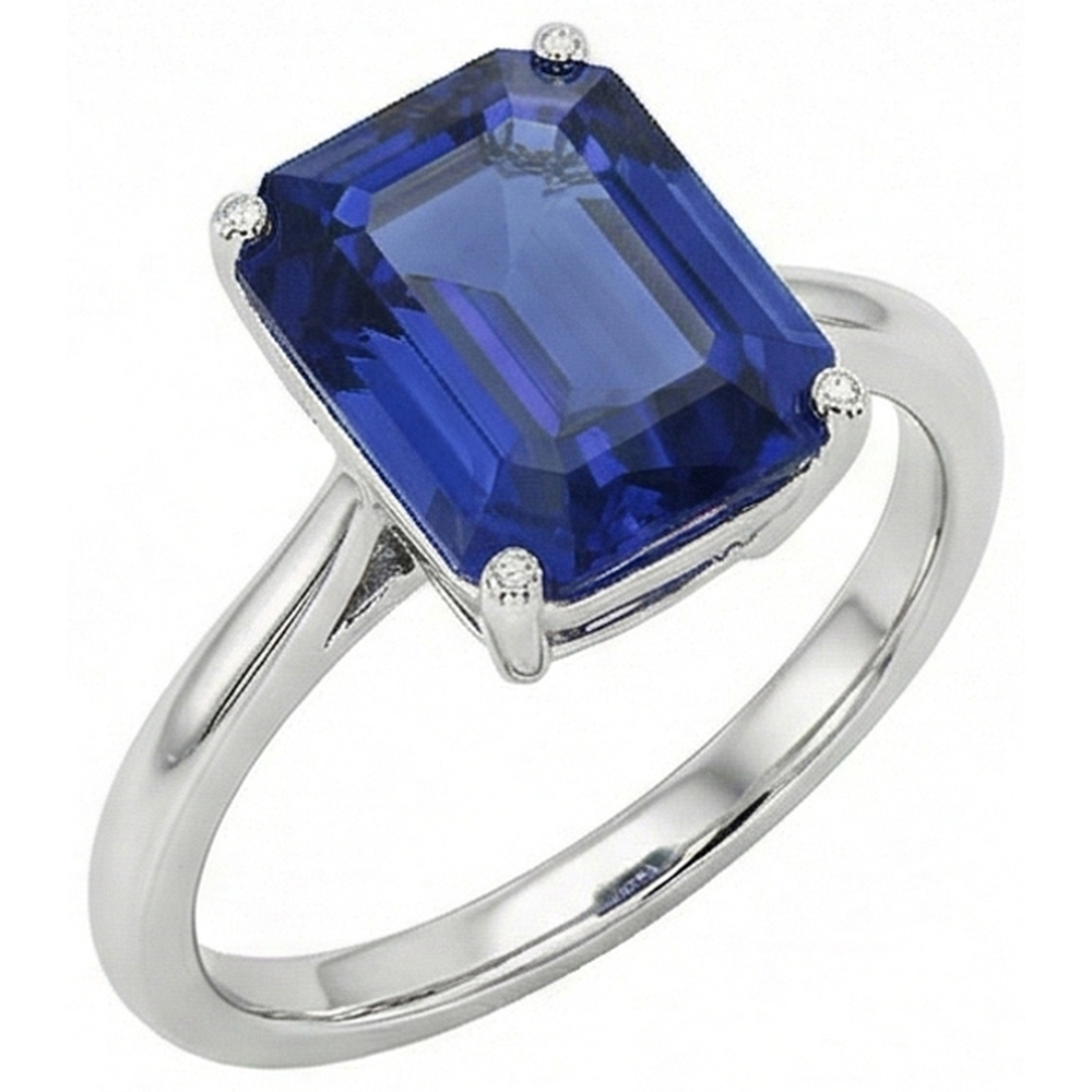 Anello solitario con 1,50 carati di zaffiro blu taglio smeraldo in oro bianco 14K