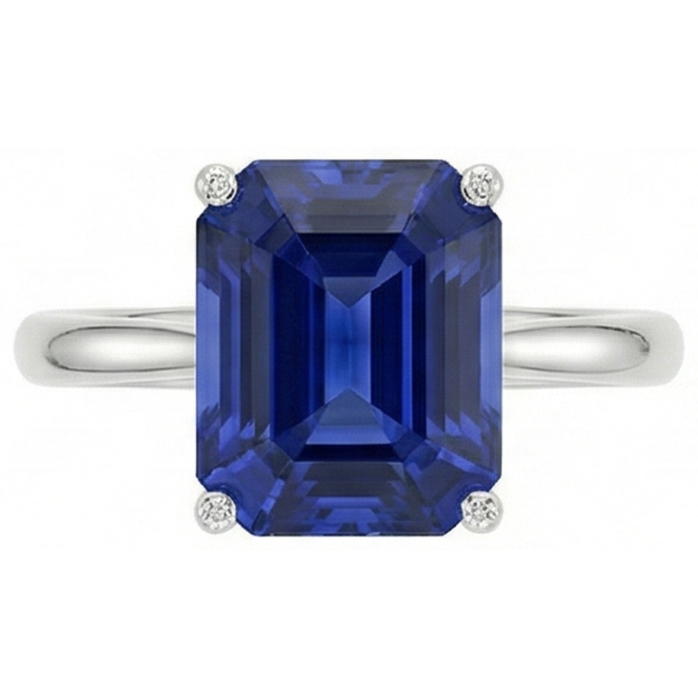 Anello solitario con 1,50 carati di zaffiro blu taglio smeraldo in oro bianco 14K