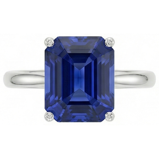 Anello solitario con 1,50 carati di zaffiro blu taglio smeraldo in oro bianco 14K