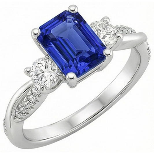 Anello solitario con 4,25 carati blu zaffiro 3 accenti di pietre
