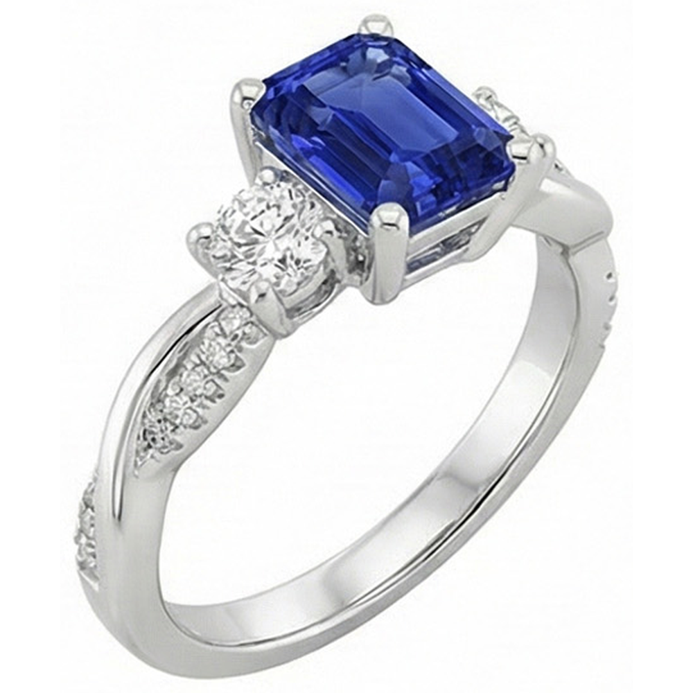 Anello solitario con 4,25 carati blu zaffiro 3 accenti di pietre