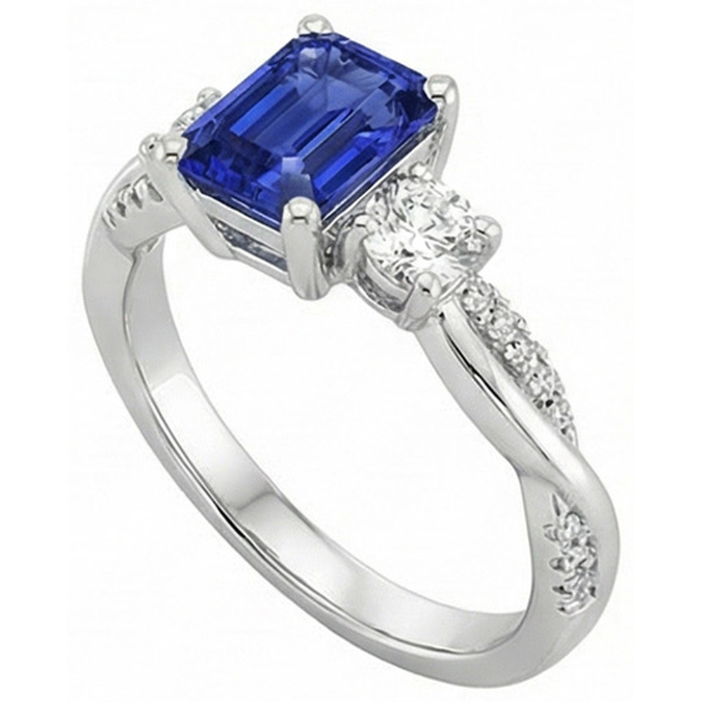 Anello solitario con 4,25 carati blu zaffiro 3 accenti di pietre