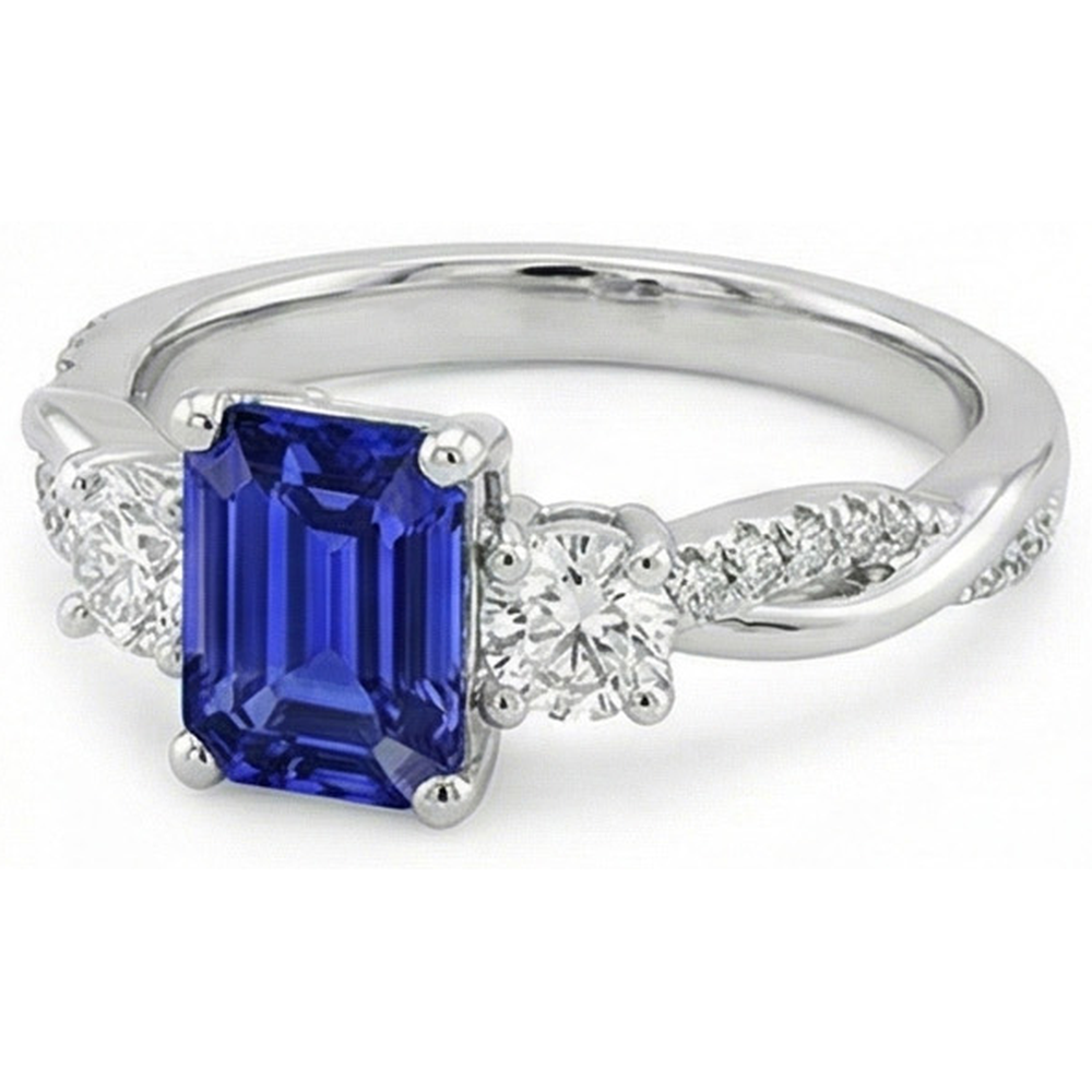 Anello solitario con 4,25 carati blu zaffiro 3 accenti di pietre