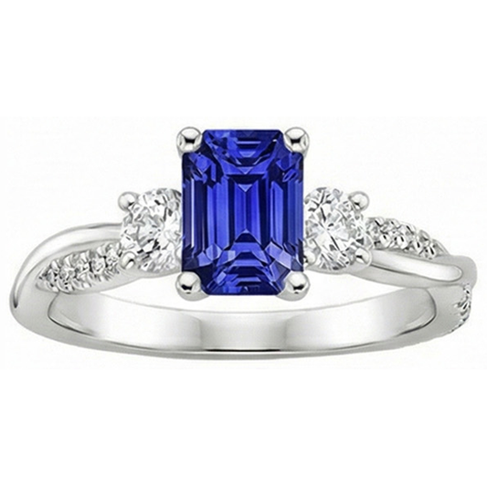 Anello solitario con 4,25 carati blu zaffiro 3 accenti di pietre