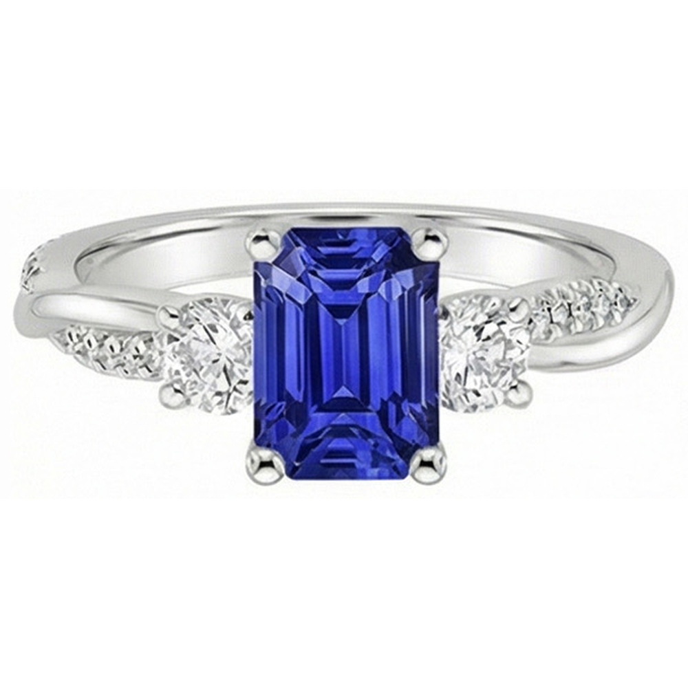 Anello solitario con 4,25 carati blu zaffiro 3 accenti di pietre