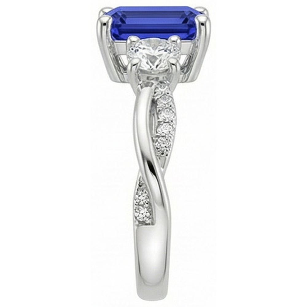 Anello solitario con 4,25 carati blu zaffiro 3 accenti di pietre