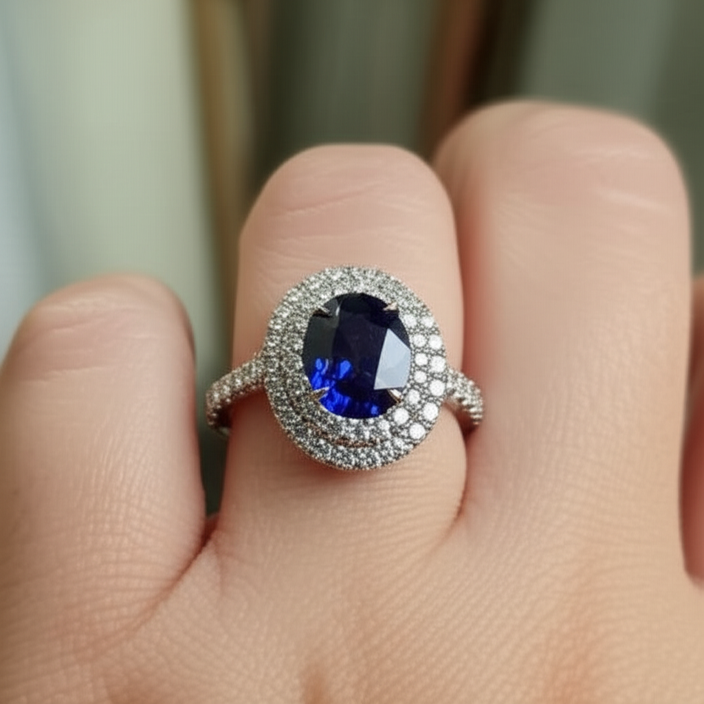 Anello solitario con 4,25 carati di diamanti con accento zaffiro in oro bianco 14 carati