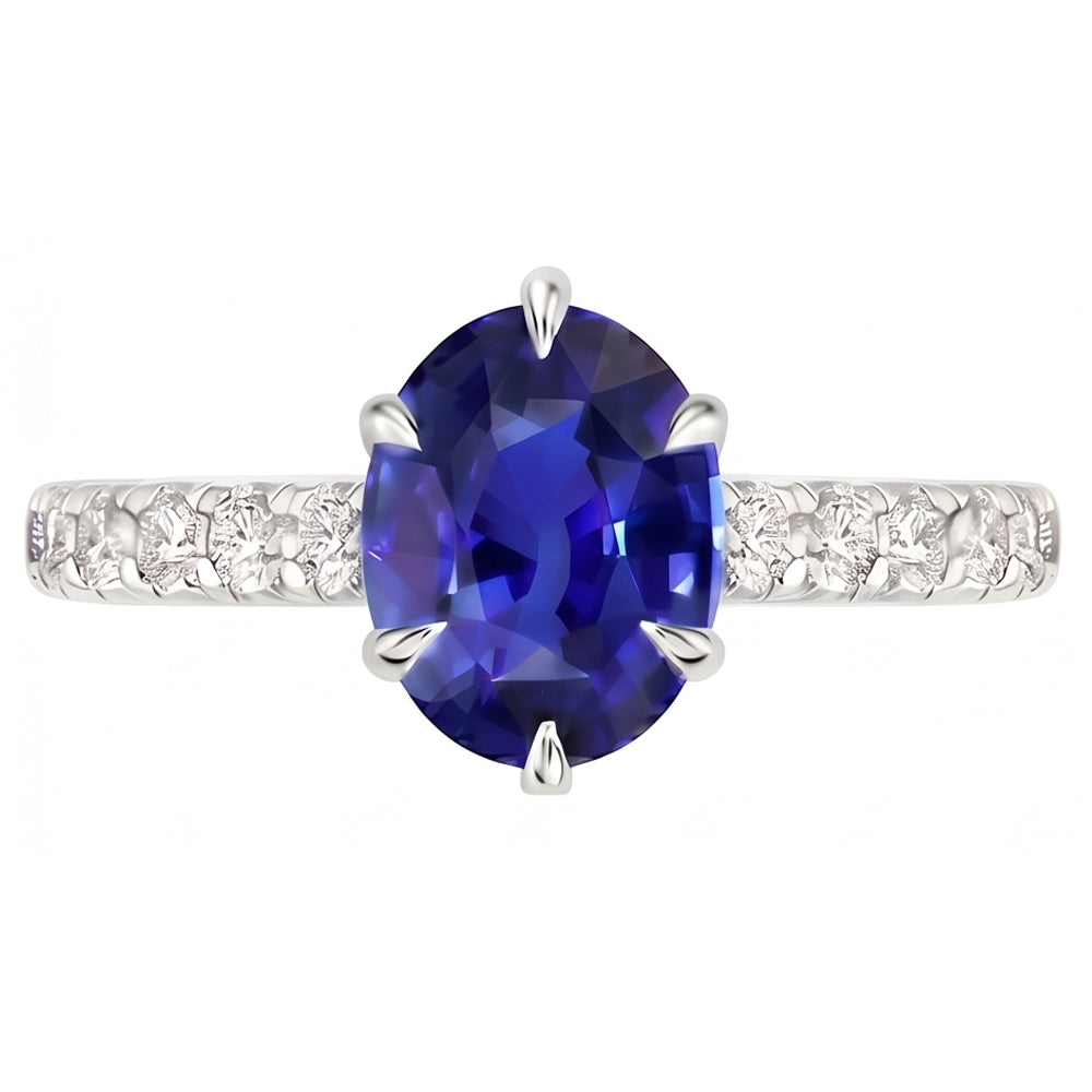 Anello solitario con accenti Zaffiro blu e pavé di diamanti 4 carati