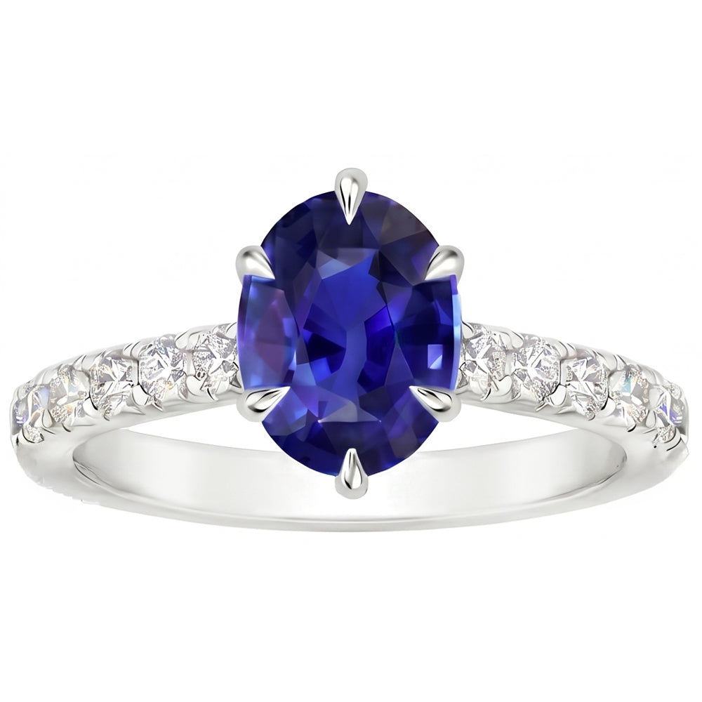 Anello solitario con accenti Zaffiro blu e pavé di diamanti 4 carati