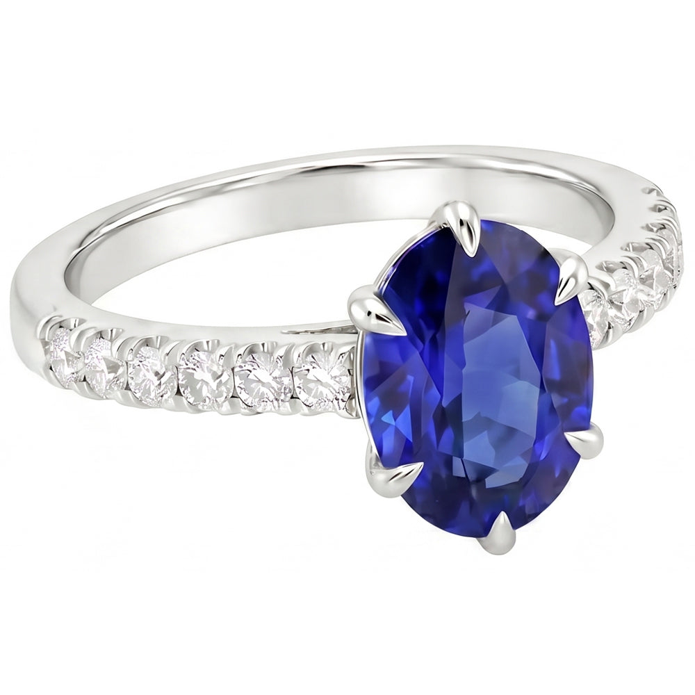 Anello solitario con accenti Zaffiro blu e pavé di diamanti 4 carati