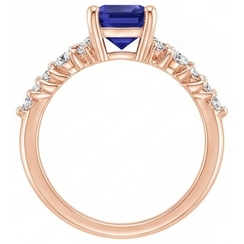 Anello solitario con accenti da 3,50 carati zaffiro blu e diamante in oro rosa 14K