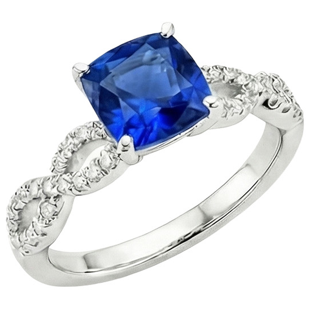 Anello solitario con accenti di cuscino in zaffiro blu da 2,75 carati e diamante