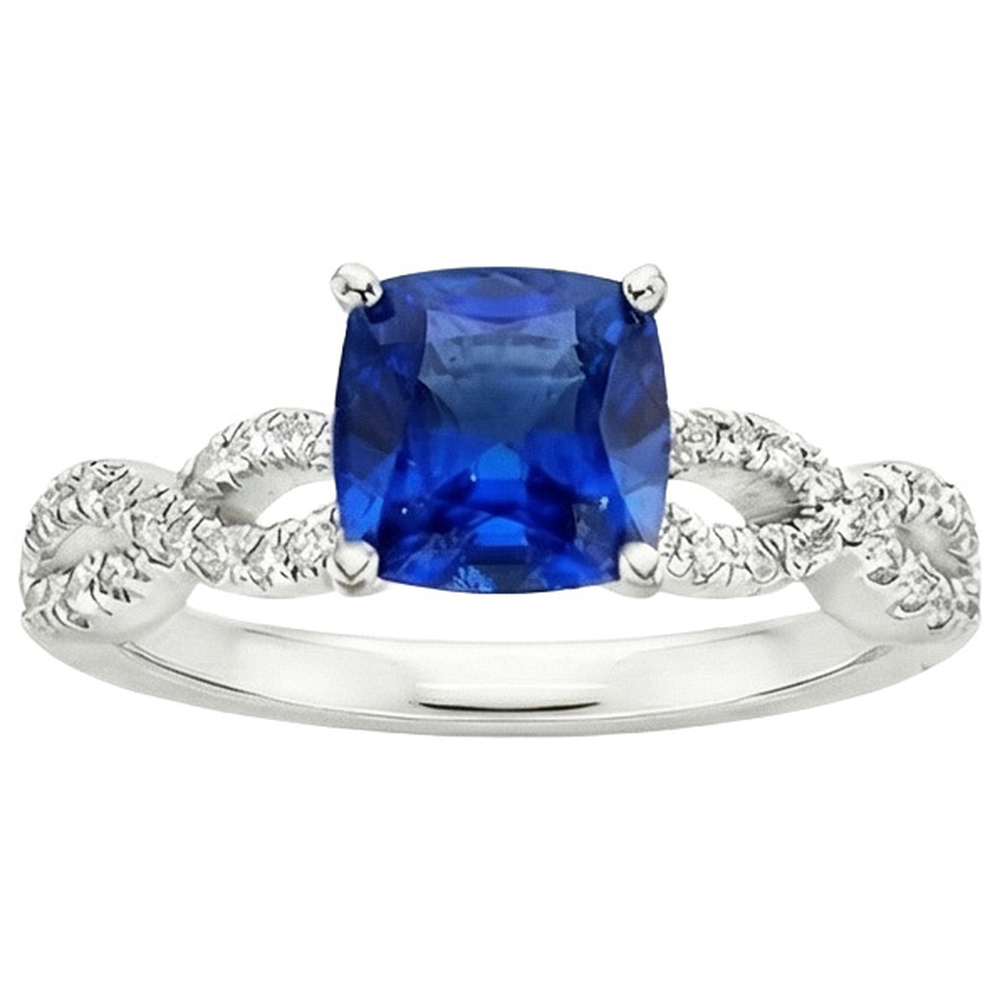 Anello solitario con accenti di cuscino in zaffiro blu da 2,75 carati e diamante