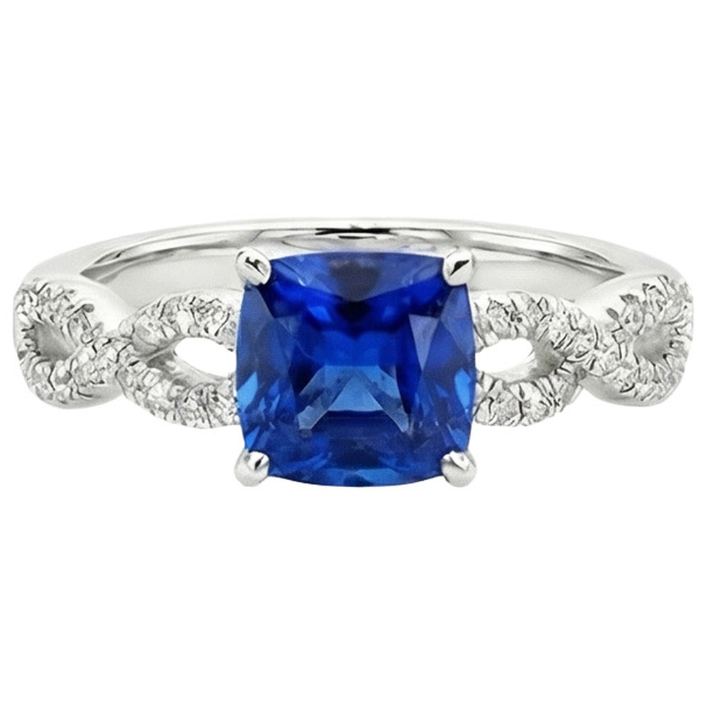 Anello solitario con accenti di cuscino in zaffiro blu da 2,75 carati e diamante