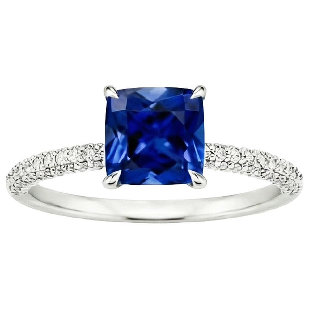 Anello solitario con accenti di diamante a cuscino con zaffiro blu da 3,25 carati
