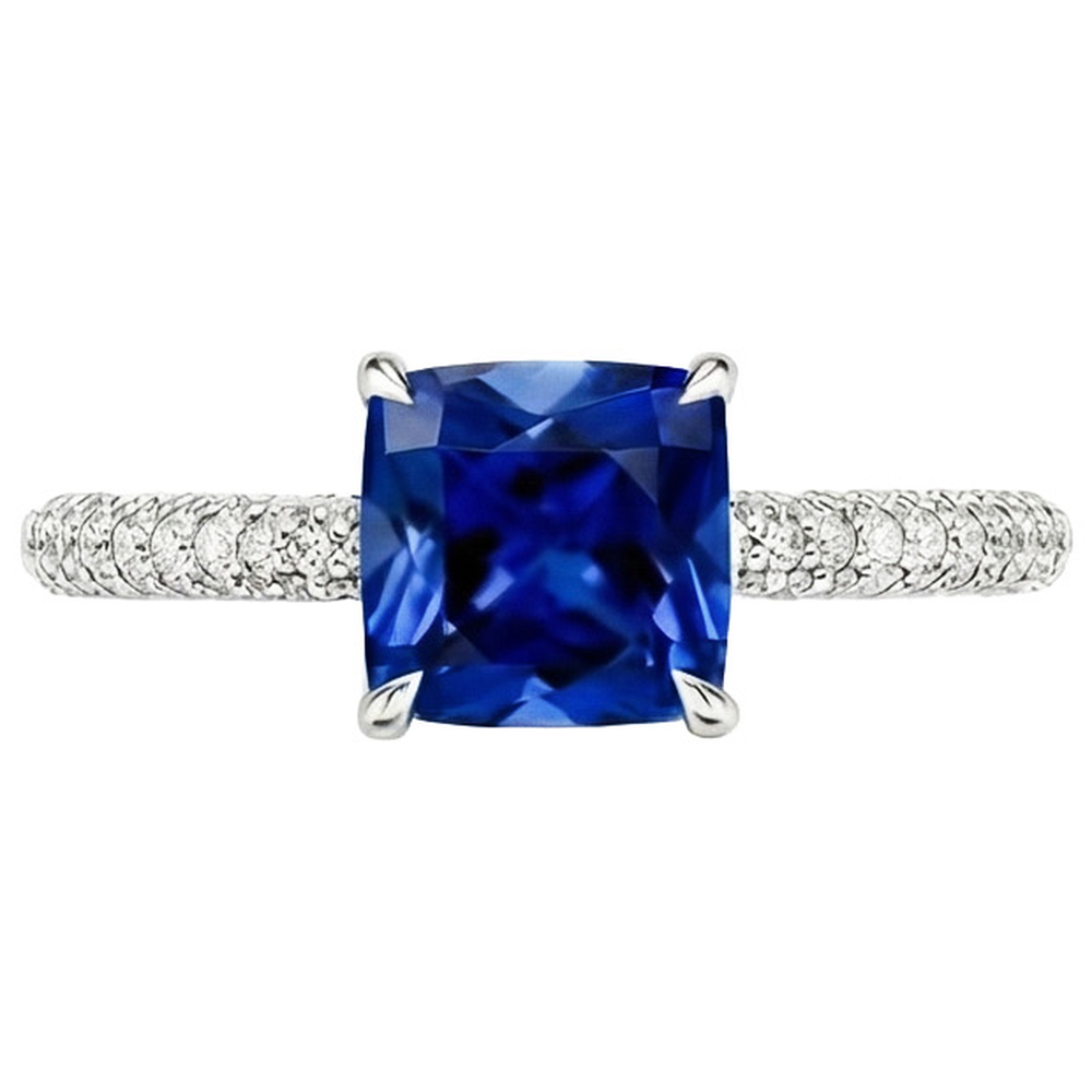 Anello solitario con accenti di diamante a cuscino con zaffiro blu da 3,25 carati
