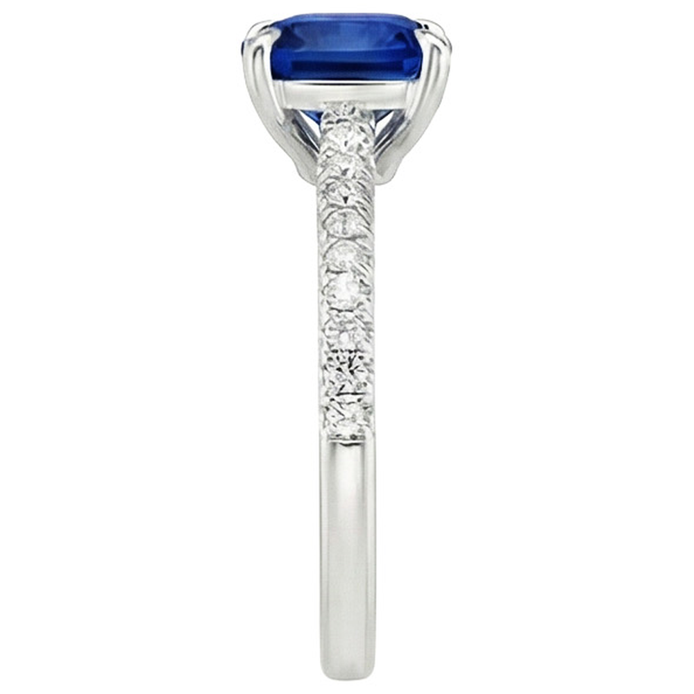 Anello solitario con accenti di diamante a cuscino con zaffiro blu da 3,25 carati