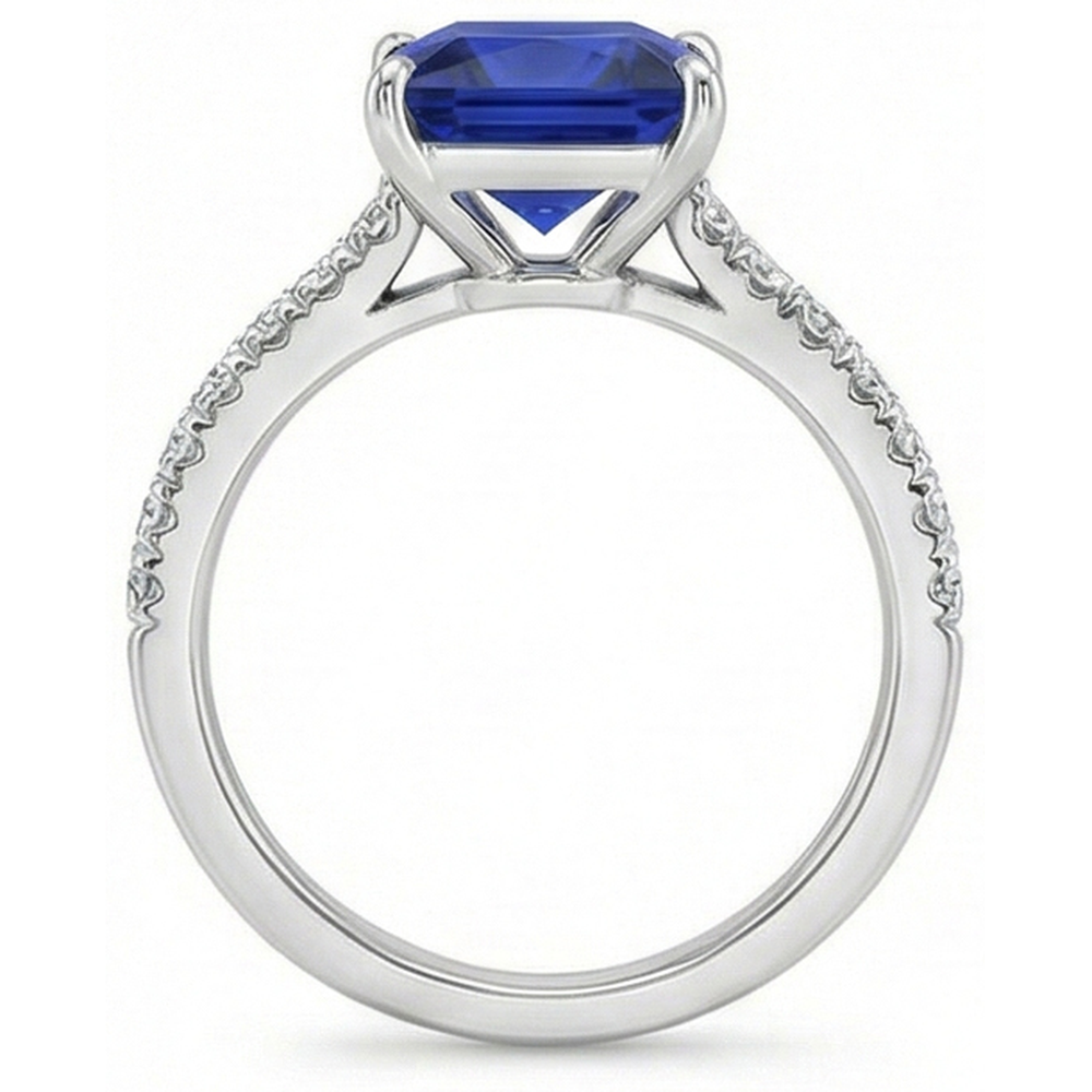 Anello solitario con accenti di diamanti e zaffiro blu taglio principessa 5.50 carati