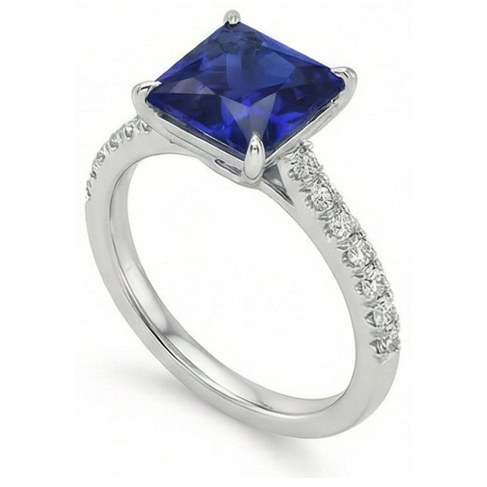 Anello solitario con accenti di diamanti e zaffiro blu taglio principessa 5.50 carati