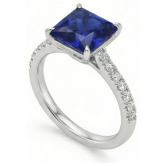 Anello solitario con accenti di diamanti e zaffiro blu taglio principessa 5.50 carati