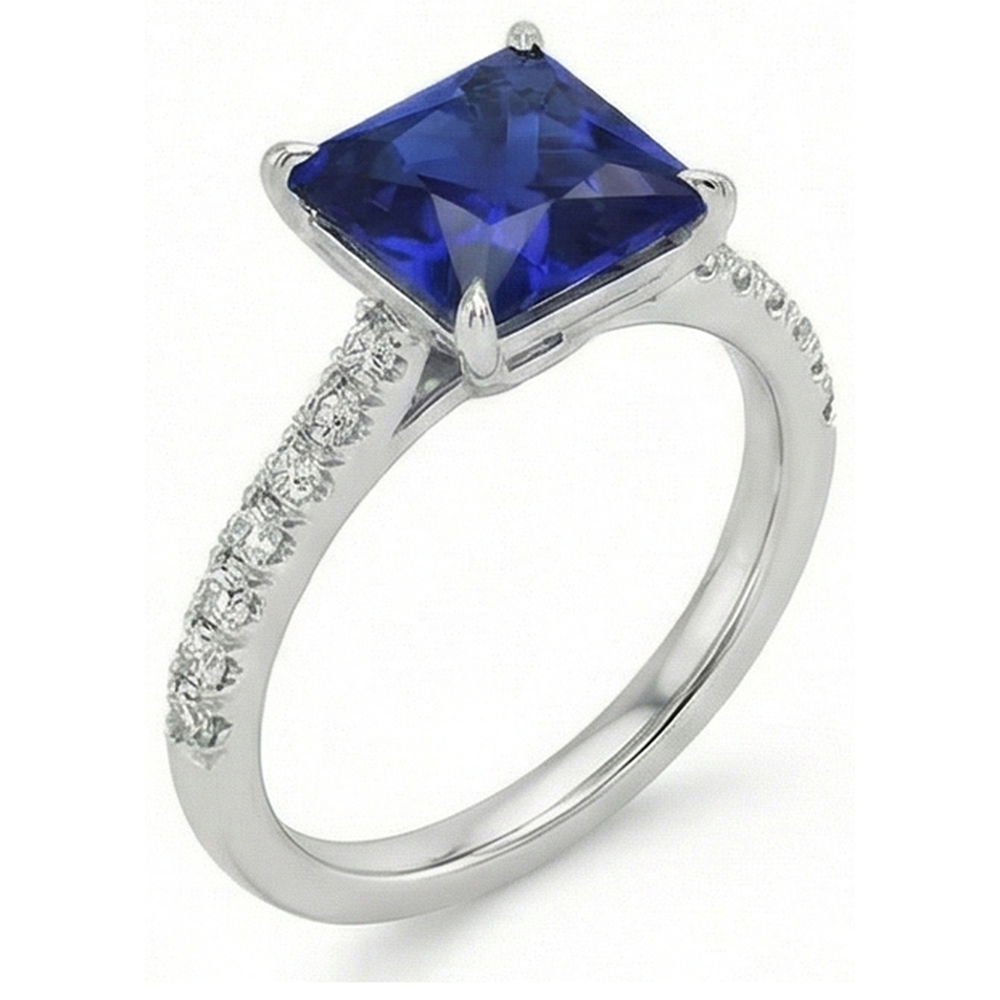 Anello solitario con accenti di diamanti e zaffiro blu taglio principessa 5.50 carati