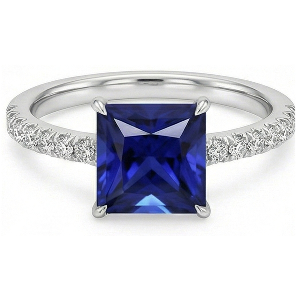 Anello solitario con accenti di diamanti e zaffiro blu taglio principessa 5.50 carati