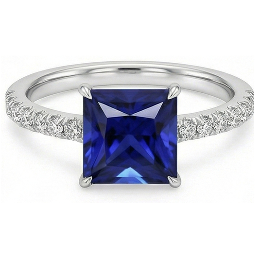 Anello solitario con accenti di diamanti e zaffiro blu taglio principessa 5.50 carati