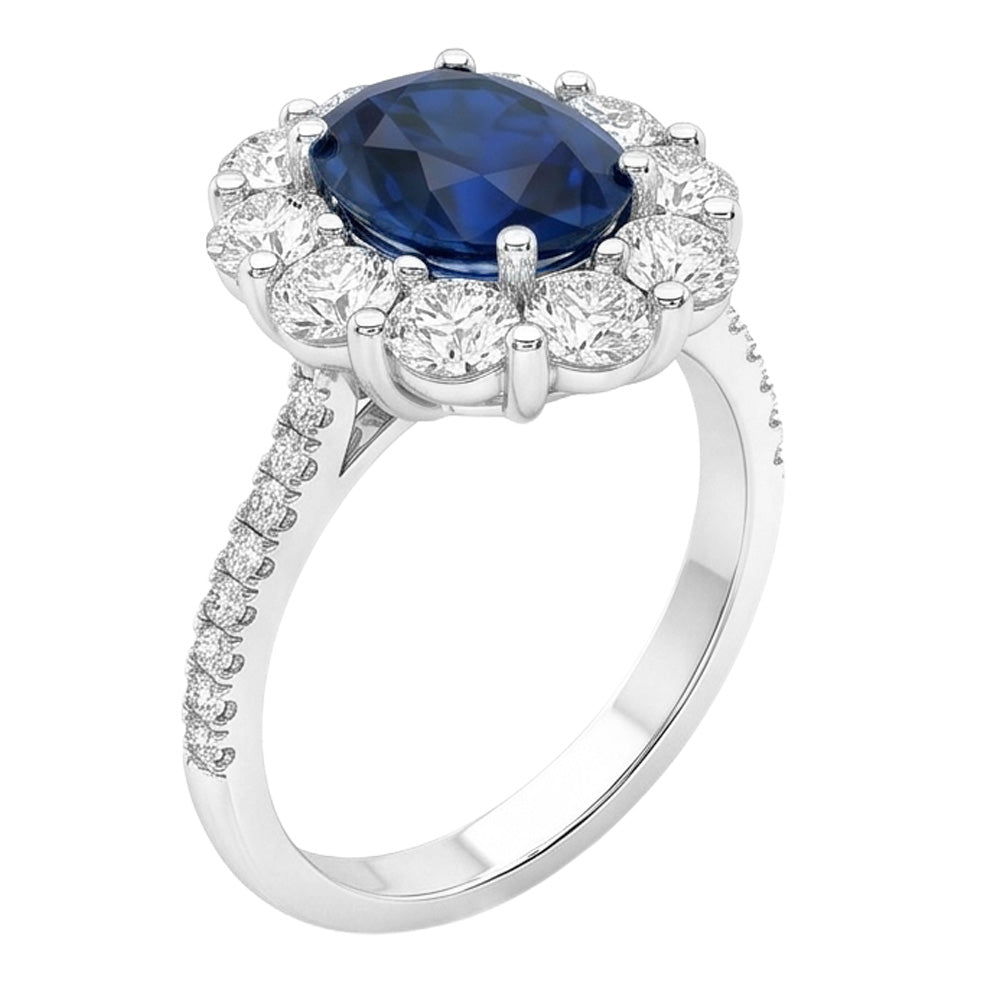 Anello solitario con accenti di zaffiri e diamanti dello Sri Lanka da 4,75 carati WG in oro bianco 14K
