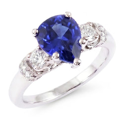 Anello solitario con accenti di zaffiro blu da 1,75 carati con gambo Milgrain in oro bianco 14K