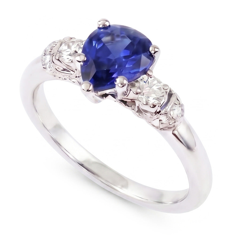 Anello solitario con accenti di zaffiro blu da 1,75 carati con gambo Milgrain in oro bianco 14K