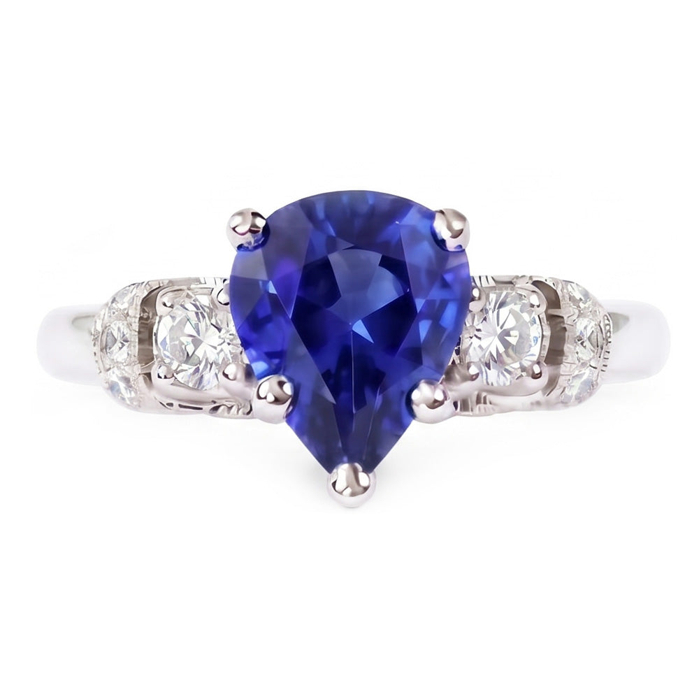 Anello solitario con accenti di zaffiro blu da 1,75 carati con gambo Milgrain in oro bianco 14K
