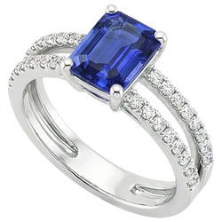 Anello solitario con accenti di zaffiro blu da 4,50 carati e diamante in oro bianco 14 carati
