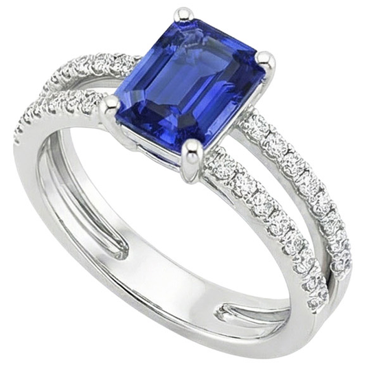 Anello solitario con accenti di zaffiro blu da 4,50 carati e diamante in oro bianco 14 carati