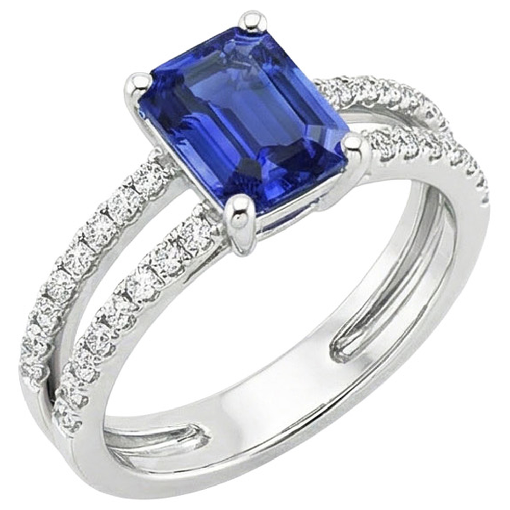Anello solitario con accenti di zaffiro blu da 4,50 carati e diamante in oro bianco 14 carati