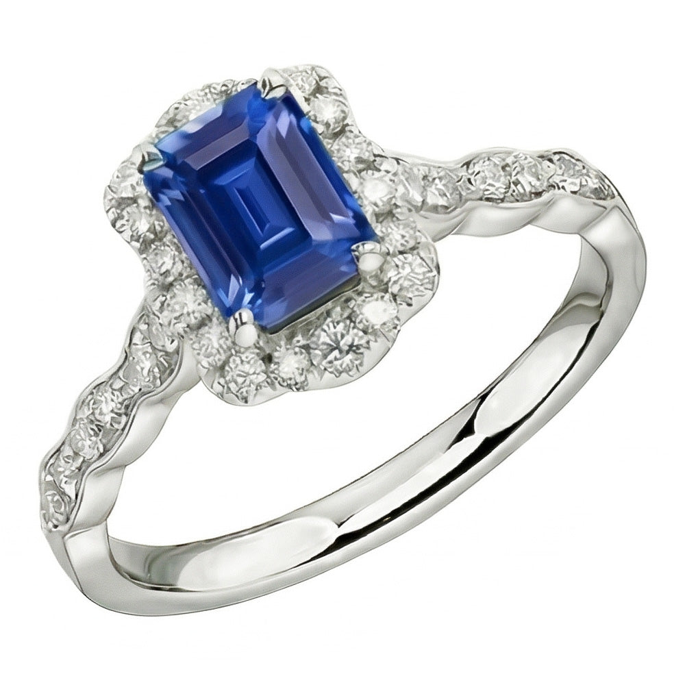 Anello solitario con accenti in stile fiore smeraldo zaffiro a 3 carati in oro bianco 14k