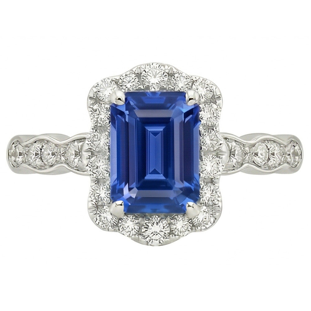 Anello solitario con accenti in stile fiore smeraldo zaffiro a 3 carati in oro bianco 14k
