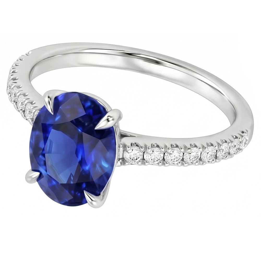 Anello solitario con accenti zaffiro blu e pavé di diamanti 3 carati