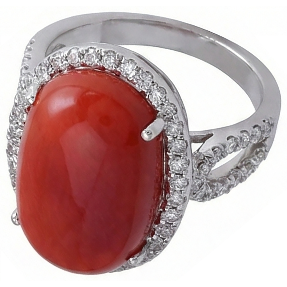 Anello solitario con accento 13.75 ct di corallo rosso e diamanti Novità