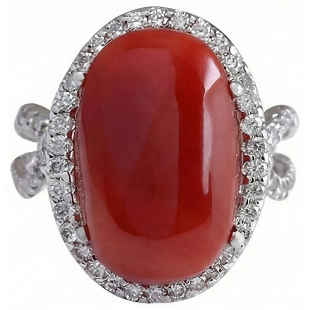 Anello solitario con accento 13.75 ct di corallo rosso e diamanti Novità