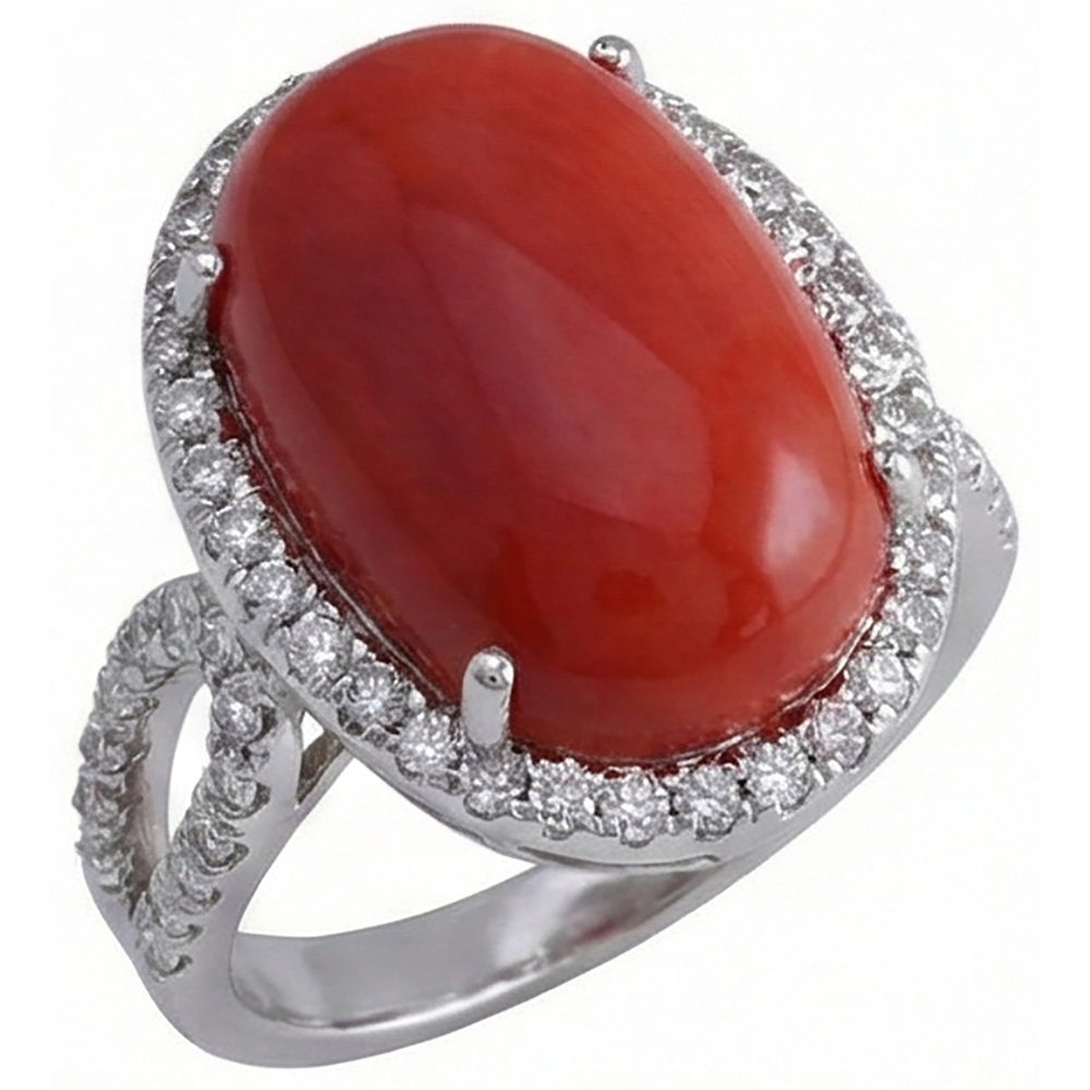 Anello solitario con accento 13.75 ct di corallo rosso e diamanti Novità
