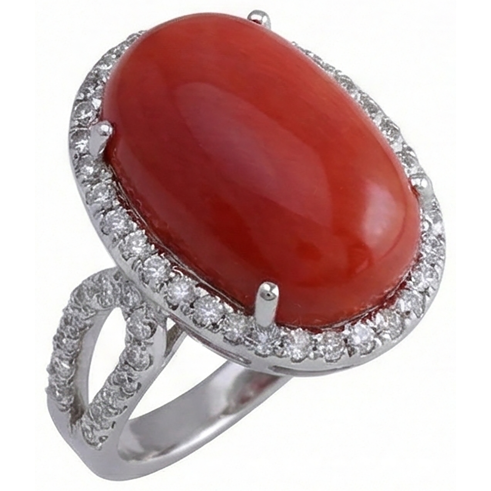 Anello solitario con accento 13.75 ct di corallo rosso e diamanti Novità