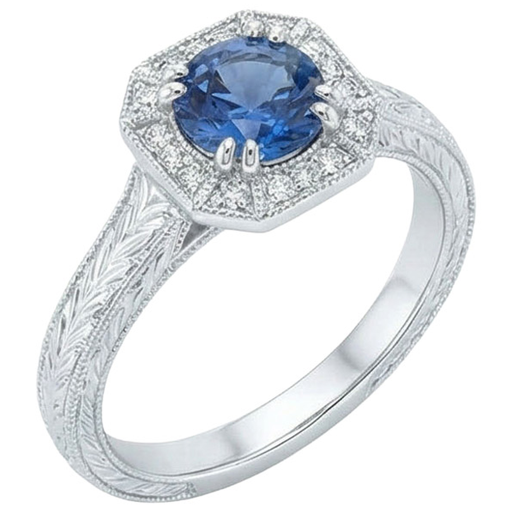 Anello solitario con accento in oro bianco con zaffiro da 3.75 ct e diamanti