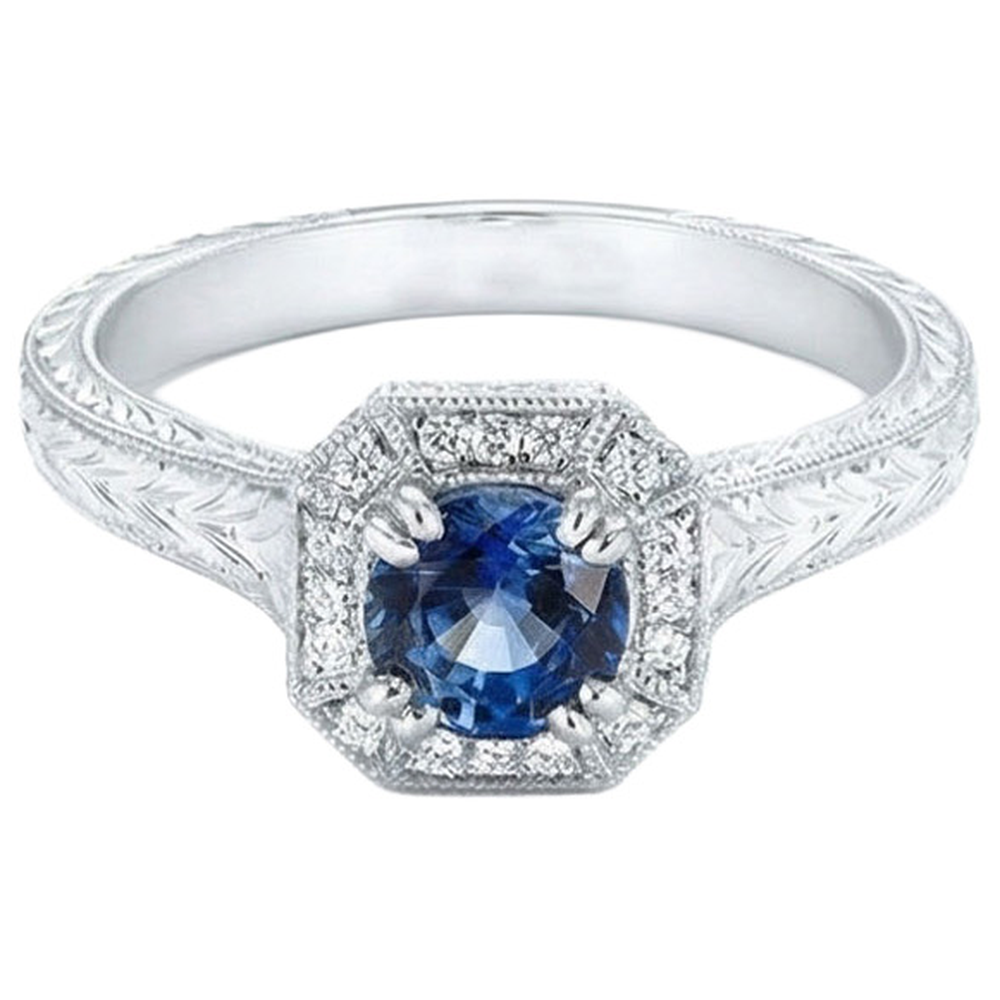 Anello solitario con accento in oro bianco con zaffiro da 3.75 ct e diamanti