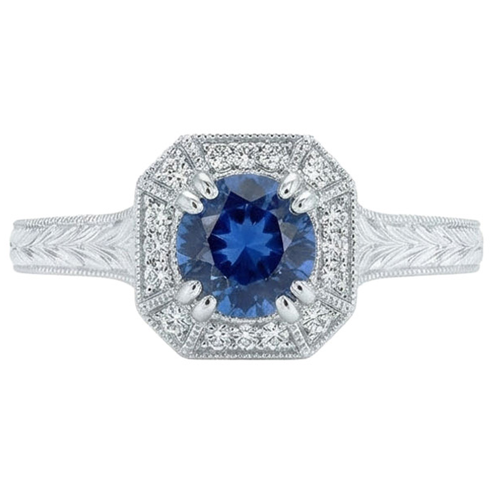 Anello solitario con accento in oro bianco con zaffiro da 3.75 ct e diamanti