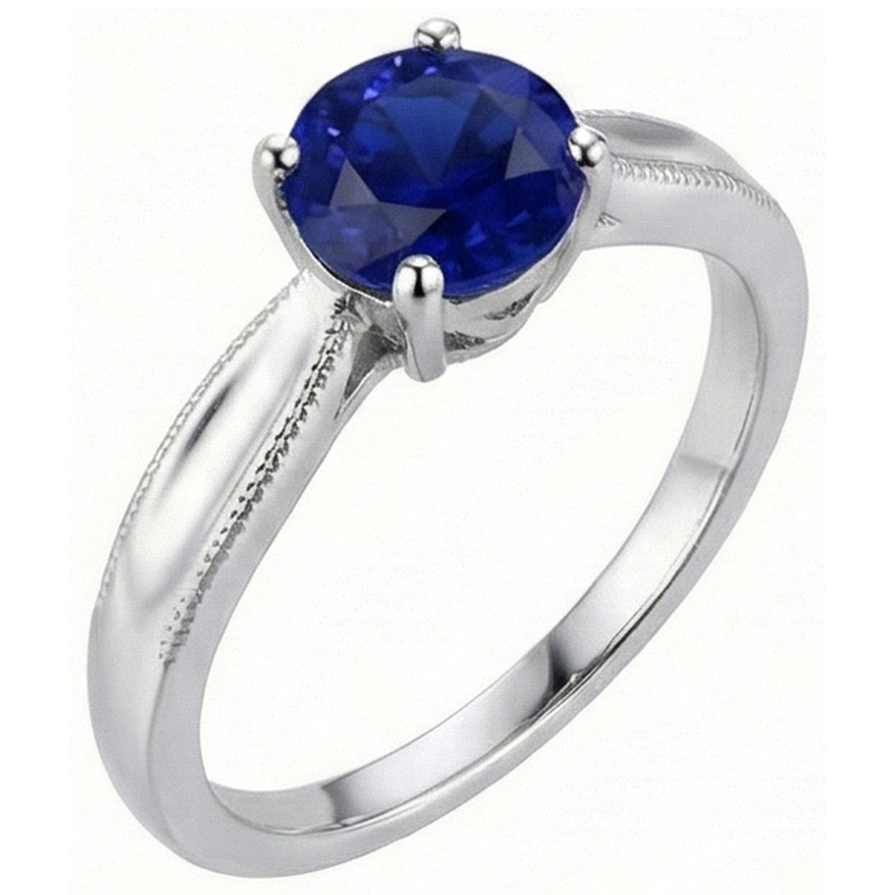 Anello solitario con gemme tonde. Zaffiro di Ceylon da 1 carati e stelo Milgrain in oro bianco 14K